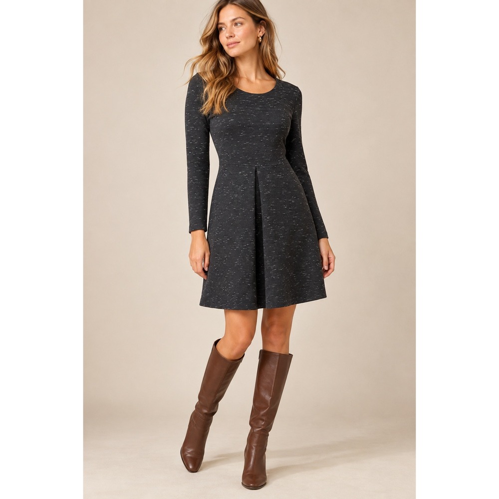 Madewell Women Black Speckled Long Sleeve Fit & Flare Pleated Dress Size 2